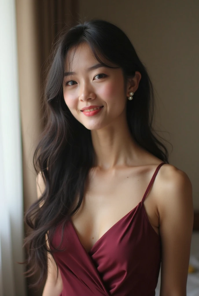 Beautiful Korean woman woonyong Ive, with red tank top, slightly chubby, 4k