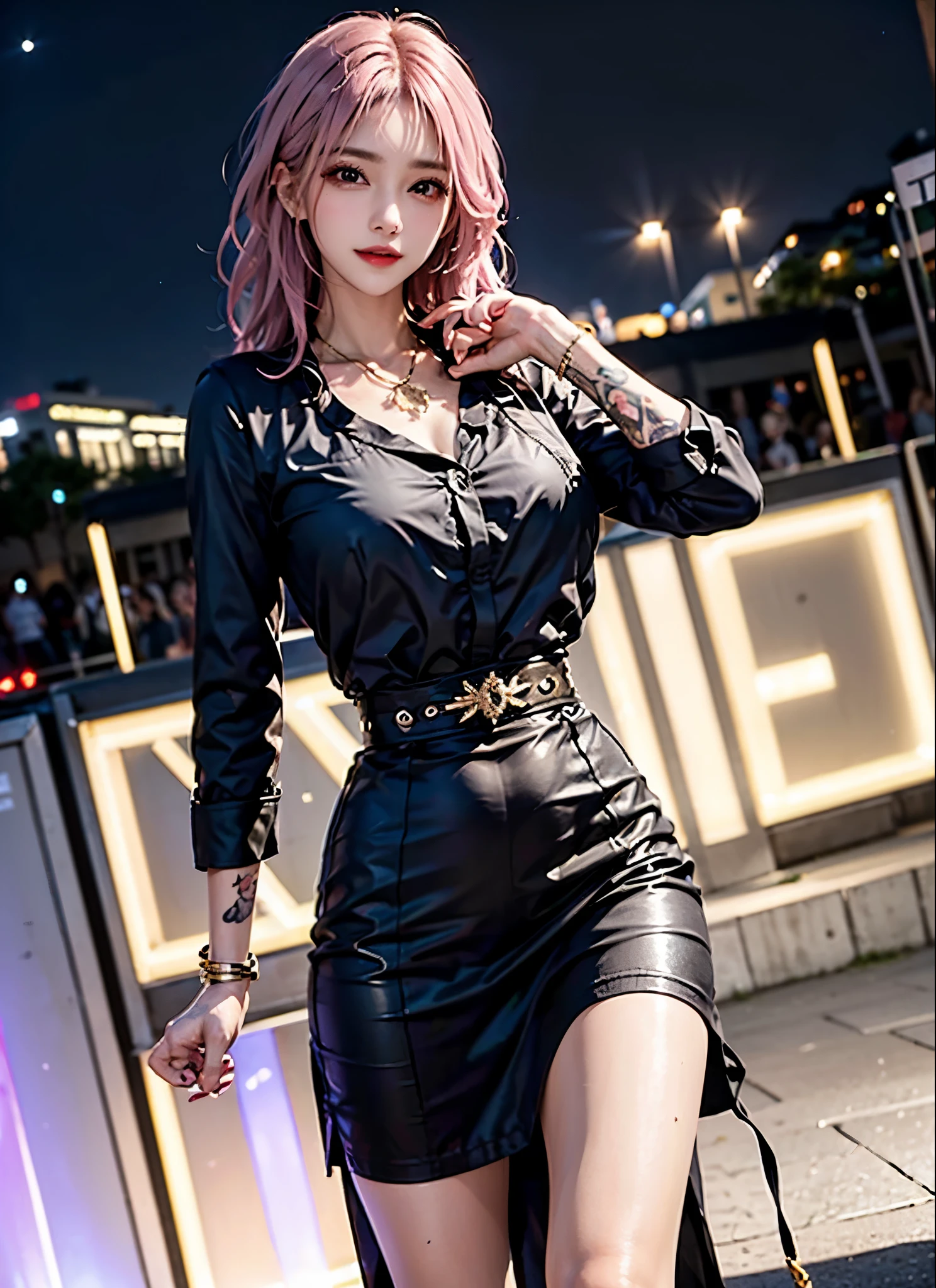 1Women, early 20s, fashion model, short silky pink hair, gold armlet, gold bracelet, golden eyes, happy, satisfied smile, seductive smile, flirty smile, golden cross necklace, Big breast. Black skirt, long sleeves, black shirt, (Tattoos:1.3), fashion show, stage, looking at audience, celebrity, cameras, journalists, night time.