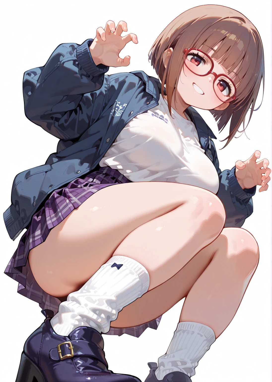 Teasing Smile、A cute girl in a , short brown hair, squatting down and looking shy, steam rising around her, photographed from below, 1girl, very short hair, white blouse, navy blue skirt, navy blue socks, brown loafers, white panties, red framed glasses, nichijou style, best quality, 4K, 8k, highres, masterpiece:1.2, ultra-detailed, realistic, photorealistic, photo-realistic:1.37, HDR, uhd, studio lighting, ultra-fine painting, sharp focus, physically-based rendering, extreme detail description, professional, vivid colors, bokeh