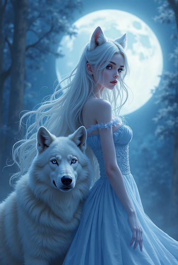 a chinese woman in a short cropped white mini dress with long white hair stand on the ground with a big white wolf next to her, mystical art, fantasy art, epic digital painting, epic digital art illustration, wlop painting style, wlop art