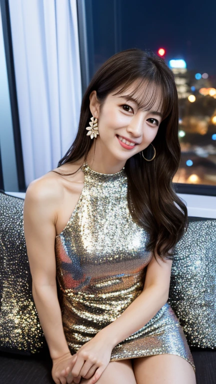 ((top quality, 8 thousand, masterpiece :1.3)), (beautiful body:1.2), very detailed face, detailed eyes, double eyelid, smiling face, long hair, She is one, Big beasts,open shoulder fantastic dress, famous street in korea, huge indian street, (korean club dresses:1.4)