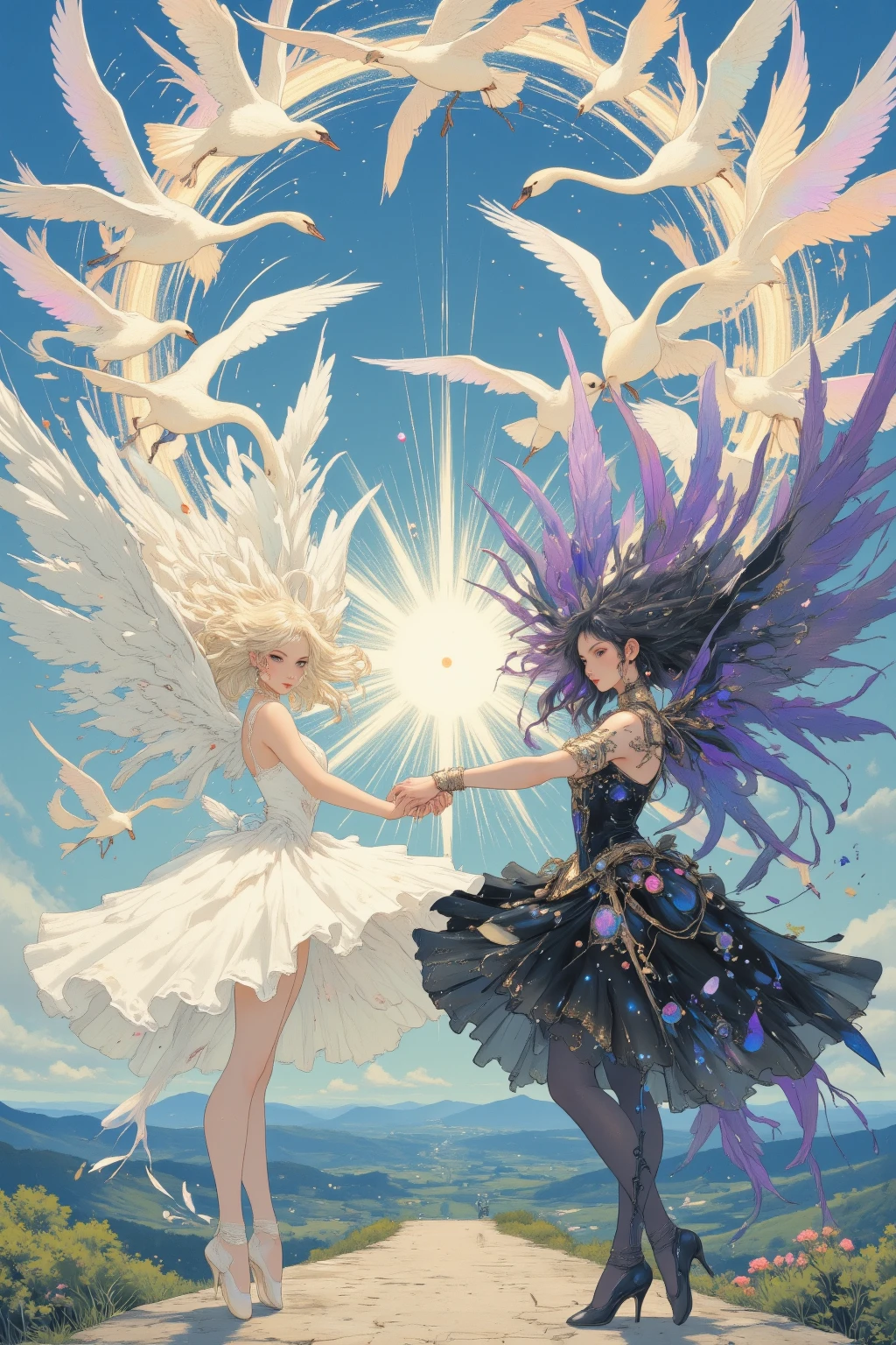 anime style, flower garden, sunlight, beautiful sunny day... we see a naked woman of about 25 years old, fair skin, big straight blonde hair, her slim body totally naked shows very small breasts with hard nipples, hairy pubic, smooth legs, earings, she walks through the fields collecting flowers, add tiny insects to the scene little ones flying in the field