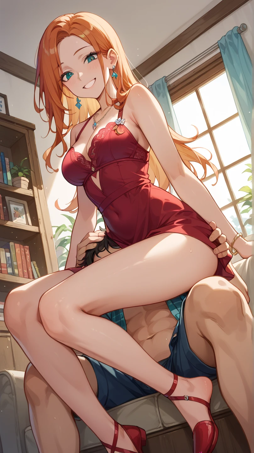 two people, Man in suit and black hair sitting in his office seat. A beautiful woman orange hair and orange dress, perfect body, grabbing her crotch, pulling her dress, thong on the legs, undressing