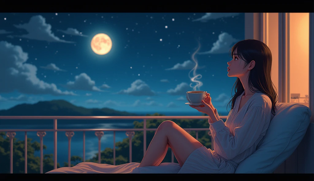 night、Moon and light、healing、lo-fi、Tranquility、Cassette tape recorder、record、A woman relaxing with a cup of steaming coffee