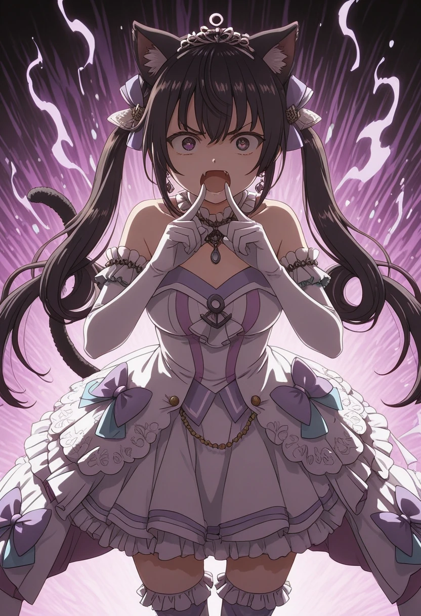 1girl, solo, game cg, high quality cg <lora:tharja-anixl-nvwls-v1-000005:1> brideTh, two side up, tiara, black dress, cleavage, bridal gauntlets, bodystocking, veil, night sky, garden, large breasts, grin, evil grin, hands to own face, heart-shaped pupils, dark aura, purple background, masterpiece, best quality