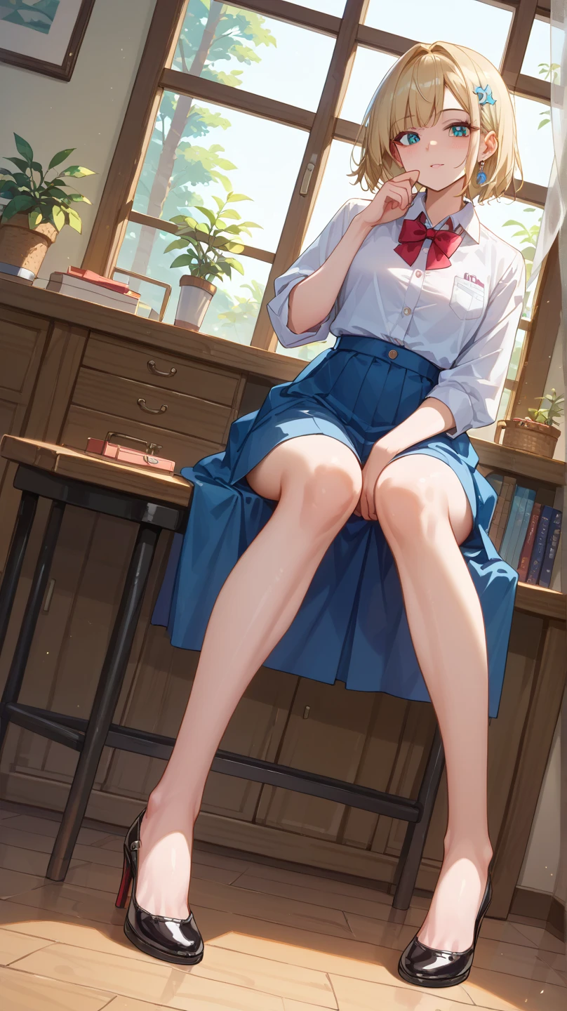 Yukana Yame, Yukana Yame, Long hair, Bangs, Blonde hair, hair between eye, (Green eyes:1.5), Ponytail, multicolored hair, Scrunchie, High Ponytail, lip stick, gals, Kogal, makeup,BREAK skirt, Shirt, Jewelry, School uniform, 鎖骨, White shirt, Pleated skirt, Collared shirt, Miniskirt, Bracelet, Green skirt,Naughty big、large full breasts、BREAK looking at viewer, Full body,BREAK (masutepiece:1.2), Best Quality, High resolution, Unity 8k壁纸, (Illustration:0.8), (Beautiful detailed eyes:1.6), extra detailed face, Perfect Lighting, extremely details CG, (Perfect hands, Perfect Anatomy),Smile with open mouth、,(white panties:1.3)、(Fully exposed panties:1.5)、Sit with your knees bent、Eight-headed body、beauty legs 、As if looking up from below、(knees to chest),plein air、outside of house、red panties
