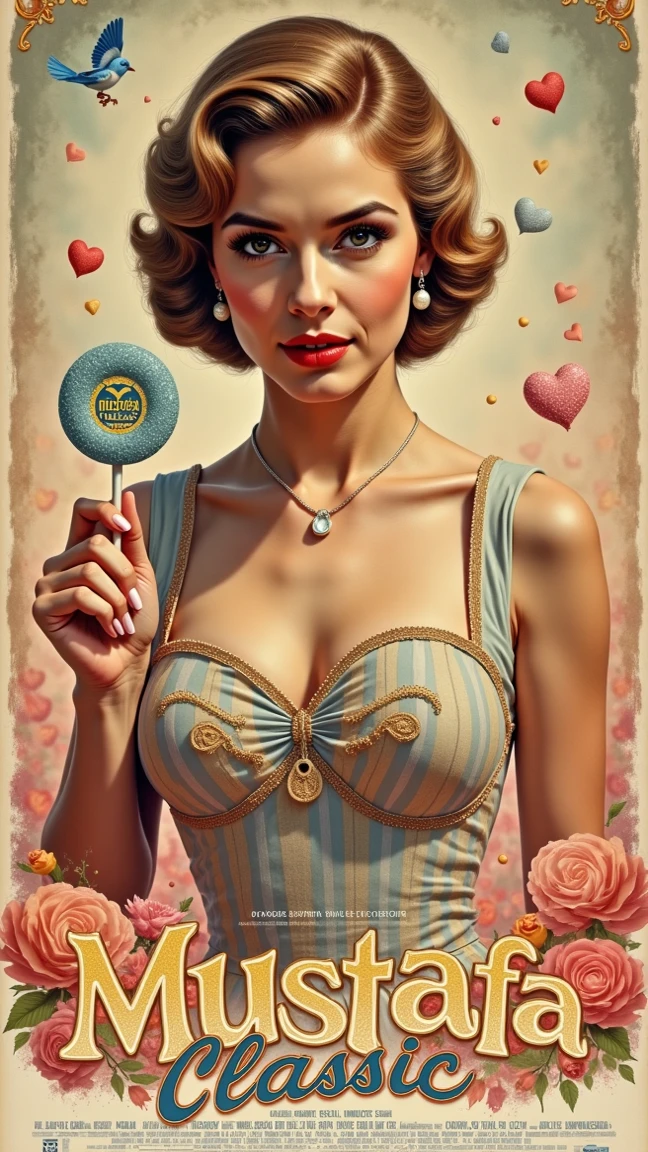 portrait of a beautiful sexy woman in a red dress, 1950s style, brown hair and eyes, holding a GOLDEN PACKAGE, comic book style. She is wearing a very beautiful outfit, her face is elegant and she is young.
