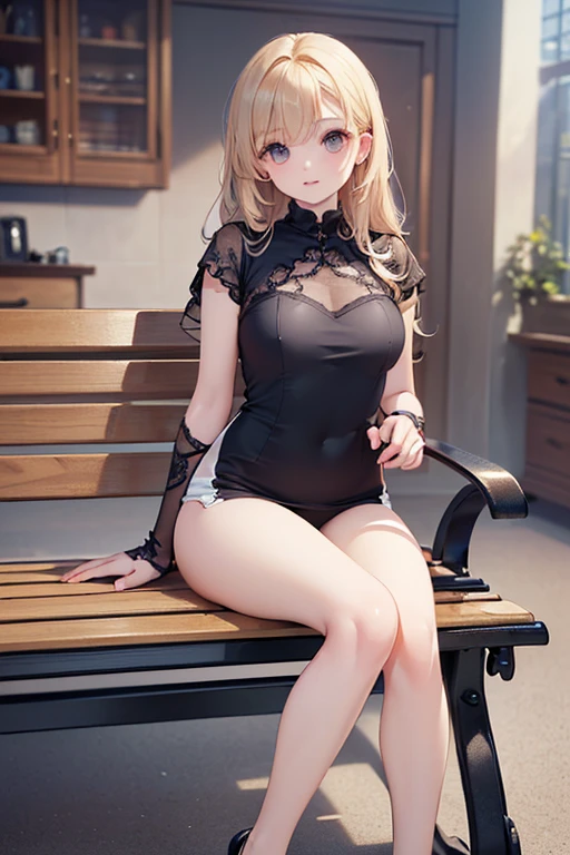 ((Biologically correct limb count))、((Natural finger shape))、((Full Body Shot, Including face))、Standing position、4K、masterpiece、((Focus on the face))、((Symmetrical facial features))、Eye for detailed depiction、Beautiful woman、Excellent style、Beautiful clavicle、Beautiful feet、Slender body、(Small Ass、Thin thighs）、(Black Stockings、High heels）、Facial detailing、Small earrings、necklace、Low angle photo、(Lingerie）、Park scenery on a holiday morning、Strong sunlight、(((The expression of ecstasy)))、(((Lean your body back and sit on the bench)))、Hands clasped behind back to accentuate breasts、(Face the camera)、Photograph the side of the body