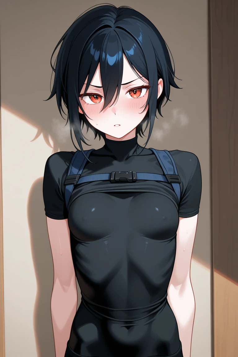 Anime style image of a girl with short blue hair wearing a very tight  uniform and her arms are full of bandages, she has a serious expression and is angry 