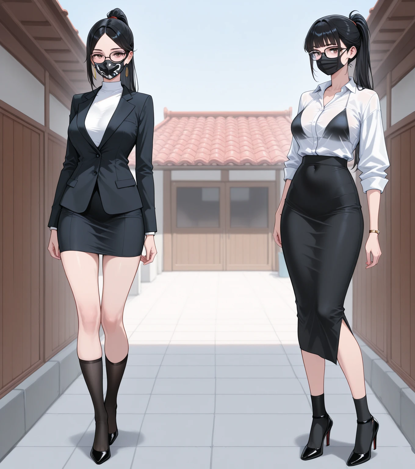 (1) There is one office lady with beautiful legs, (She is standing and showing off her beautiful legs:1.5),
(2) (OL is standing:1.5),
(3) OLはwhiteVheadTI'Iは中にシャツを着ています、whiteVheadTI can almost see her cleavage through the shirt.、(in addition, 彼はwhiteい縞模様の入ったグレーのパンツスーツを着ています.:1.5)、Pantsuits fit perfectly、(The pants are semi-flare full length type..:1.5)、she is wearing black high heel pumps、
(4) (OL is showing her back、your face is facing this way:1.5)、
(5) Office woman has short brown hair., shining eyes, A provocative grin,
(6) The location is the office hallway..,
(7) highest quality, High resolution, realistic pictures, realistic skin,
