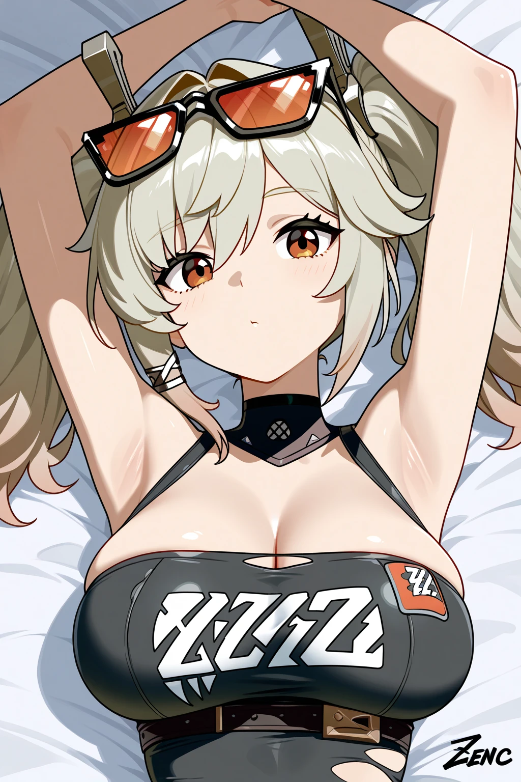Highest quality,masterpiece,Auto racing circuit,Supermodel,Racy slingshot swimsuit,Checkered Flag,smile,Race Queen