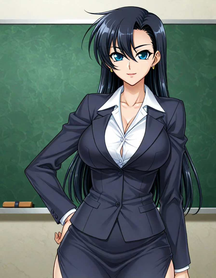 masterpiece, best quality, 1girl, solo, vanwinkle, standing,  female focus, blue eyes, messy hair, suit, glasses, necktie, big breasts, teeth, [[open mouth]], formal, smile, simple background, pants, ((arms behind back), looking at viewer, indoors, standing, closeup 
