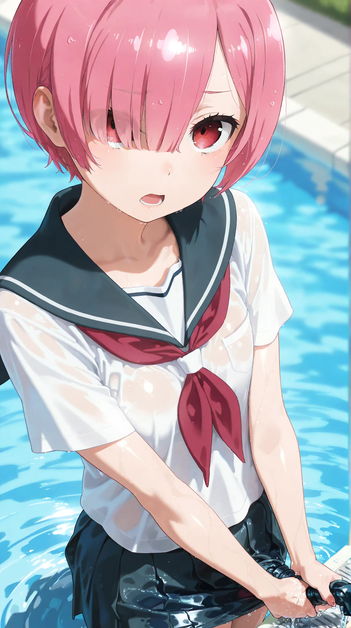 An , her hair is short, white, her eyes are blue, she wears pink underpants and no undershirt, her chest is pink, the underpants are tight, showing the contours of her body, she is sitting on one of the people next to one of the swimming pools, and she is unconscious. This person inserts his entire thumb into her mouth, revealing the penis, from the child’s mouth, saliva comes out.