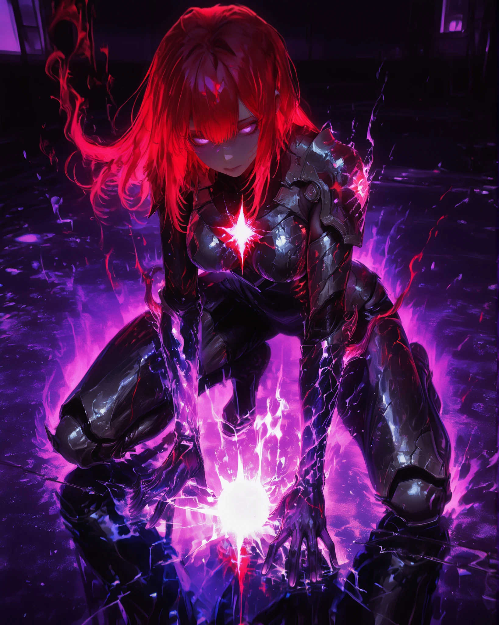Masterpiece, natural lighting, night, perfect shadows, ray tracing, detailed image, perfect human anatomy, a beautiful woman, (nice curves), with long red hair with pink tips and bright purple eyes, (eyes rich in detail), (eyes detailed), expression of terror in her eyes, naked skin, full body, a mysterious symbiotic entity gradually merging with the host's body, spreading through their skin like dark veins, altering their eyes and limbs with alien features, some parts of the body are exposed like the leg and a little of the breast, in the background a scene divided equally showing on one side a beautiful field illuminated by the sun and on the other side a destroyed and dark laboratory, ((cinematic lighting with glowing purple energy core in the chest, soft radiant glow diffusing through cracked armor, subtle particle effects in the air, red hair backlit with a faint crimson aura, reflective highlights on metallic limbs, ambient purple light casting shadows on the ground, ethereal mist with volumetric glow))