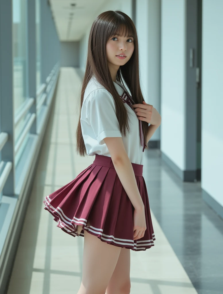 Realistic, outdoor, 1wall, wide angle,1girl, Long hair, shy, embarrassed, blushed, wide angle, POV, from below, standing, ( high school girl uniform , reg spread), light rays, glow, (masterpiece), wallpaper,