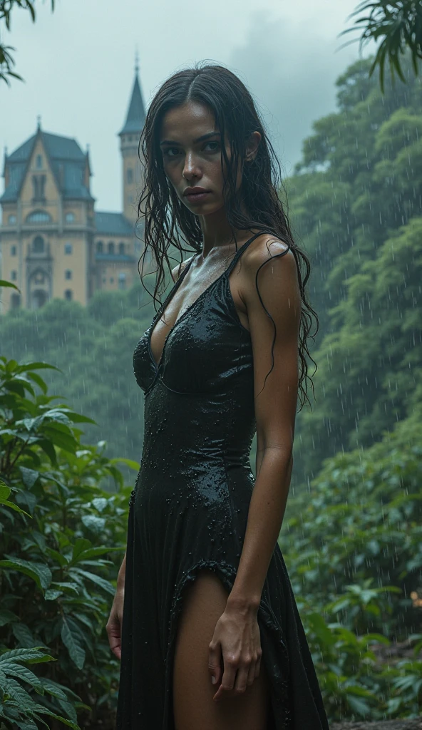 Wet rain　opening legs　prety woman　Transparent