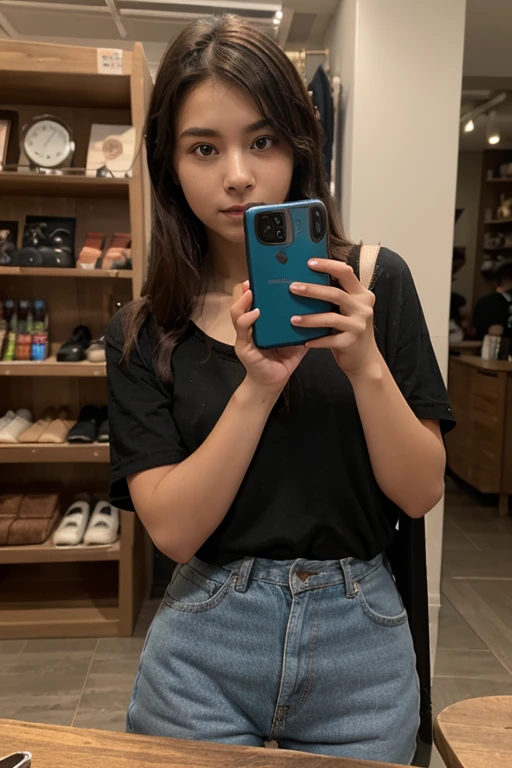 Araffe mulher tirando uma selfie em uma loja de roupas, 🤬 🤮 💕 🎀, 2 modelo feminino de 4 anos, foto da roupa, 😭 🤮 💕 🎀, imagem de perfil, roupa punk, in style of chrome hearts, 23 anos, 22 anos de idade, imagem de qualidade muito boa, 21 anos de idade, army girl outfit,  rosto perfeito, rosto angelical, jennie blackpick, cabelo perfeito, menina coreana, jennie kim, lisa blackpick, rosto detalhado, hd