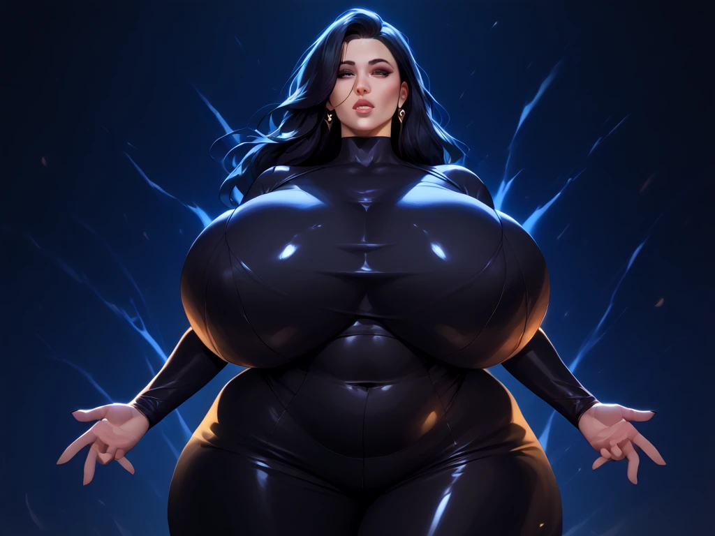 a bloated woman that in tight black wet clothing, she has a jiggly fat round oiled belly and gigantic brest and ass , her belly is fat and round, thick body, thicc, extremely plump, big stomach, big belly, widest hips, beautiful thick female, thick thigs, insanely inflated hips, hyperrealistic full figure, thick, very large bosum, visible nipples full body
