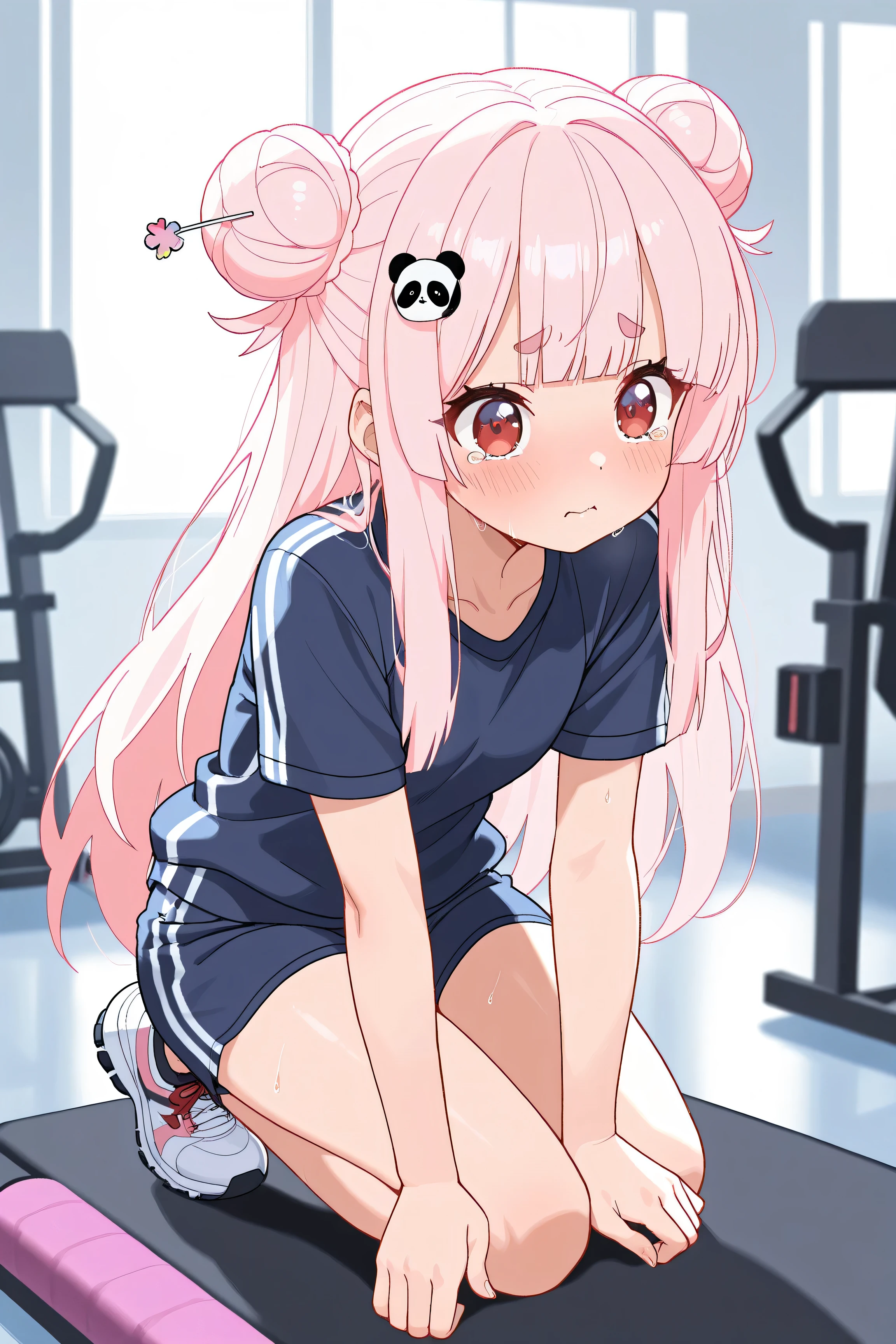 masterpiece, best quality, high resolution,4K, highly detailed, ultra detailed, ((detailed beautiful eyes)), full body, Alone, 1 girl, light pink hair, small double bun hair, half twin hair, long hair, hime cut, thin oval eyebrows, Red Eyes, ((bangs Panda face hairpin)), Sports gym, Running machine, tearful, tired, gym uniform, Sneakers