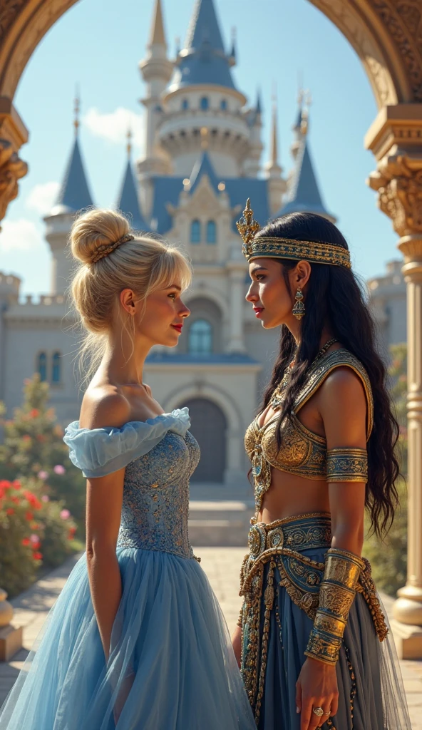 (masterpiece, best quality:1.5), highest quality, High resolution, super detailed, Realists, Full body photo of a princess, dark skin, detailed and beautiful eyes, beautiful detailed lips, very detailed eyes and face, longeyelashes, Woman in royal dress made of shiny satin, Beautiful and colorful makeup, elegant and noble々The jewelry bag, Gardens as background, soft daylight, bright colors, fine brushstrokes, Portrait style, Silk dress fabric, beautiful color palette, glowing skin, First-class rendering, that captures every detail, enchanting atmosphere, subtle shadows and lights, (perfect anatomy:1.2), (Two stunning princesses look flirtatious:1.4), (magnificent panorama view:1.2)