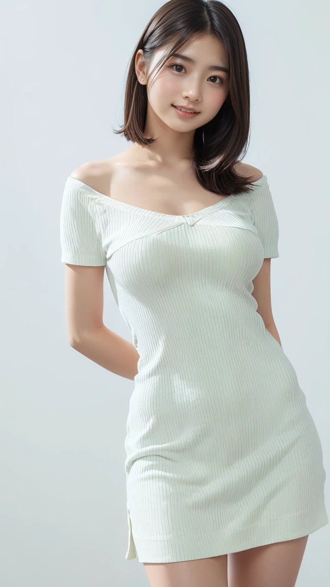 ((Best picture quality, 8K, tmasterpiece:1.3)), 1girll, Beautiful woman with slender abs:1.3, (Casual hairstyle, No leakage), shift dresses:1.1, Ultra-fine face, A detailed eye, 二重まぶた，ssmile，Home