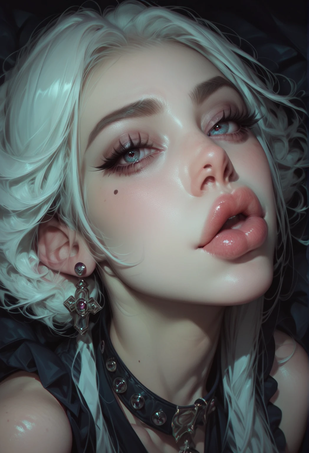 Cara de mujer, piel blanca rosada con pecas, ojos grandes y rasgados color verde, lined eyes and makeup eyelids, small-nose, labios gruesos color rojo, mejillas delgadas con hoyos, large cheekbones, defined chin with chin dimple, cabello corto color negro, with mascara smeared eyeliner tears, como mucho semen en la boca y cara