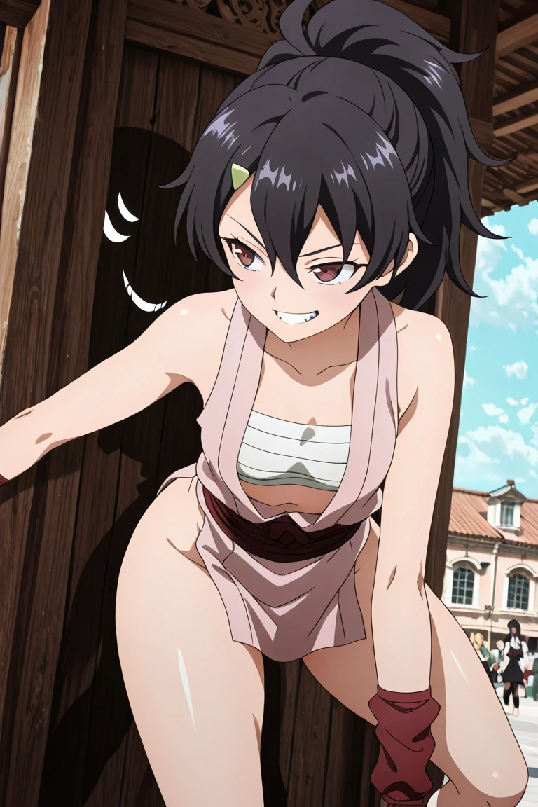 Outdoor、forest、(Ripped clothes)、Sweat、Hanging from a rope(Tied up with rope)、Spread your legs、sit、Showing off your armpits、blush、Angry face、Open your mouth、pubic hair、Toned body、Medium breast、