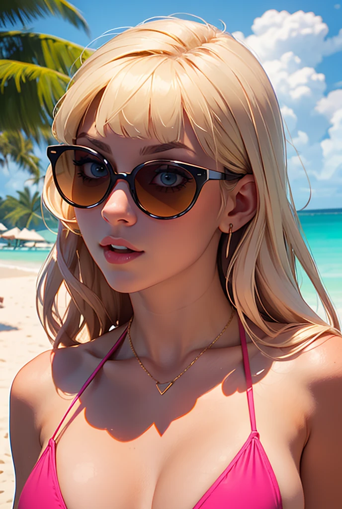 beautiful cute cute gentle kitty, with kind blue eyes, business, cyberpunk, ornate, mesmerizing eyes: beautiful fabulous beach in the background, studio lighting, close-up face, wearing fashionable sunglasses, laughing, looking forward, portrait orientation, gold chain, showing teeth, cartoon, anime,golden background,hyperrealism