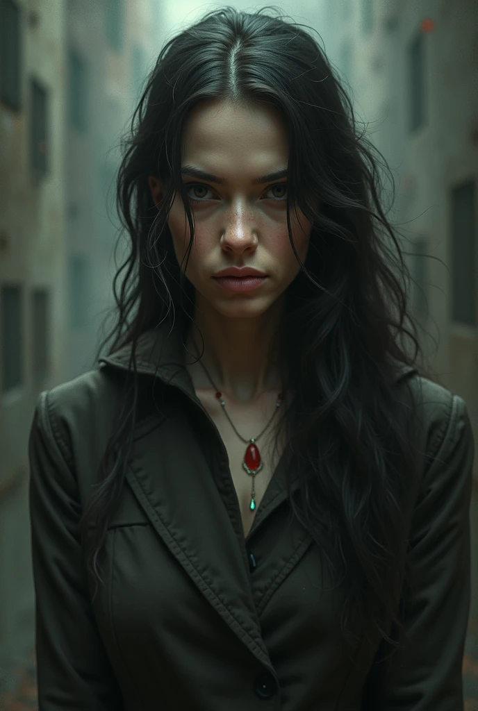A woman young, with black, slightly wavy hair, half tanned skin, intense green eyes the shade of the killing curse with flashes of red, a mischievous smile on the mouth. His features would be a mix of Harry Potter and Tom Riddle when he was young.. She is standing in front of a landscape of a ruined city 