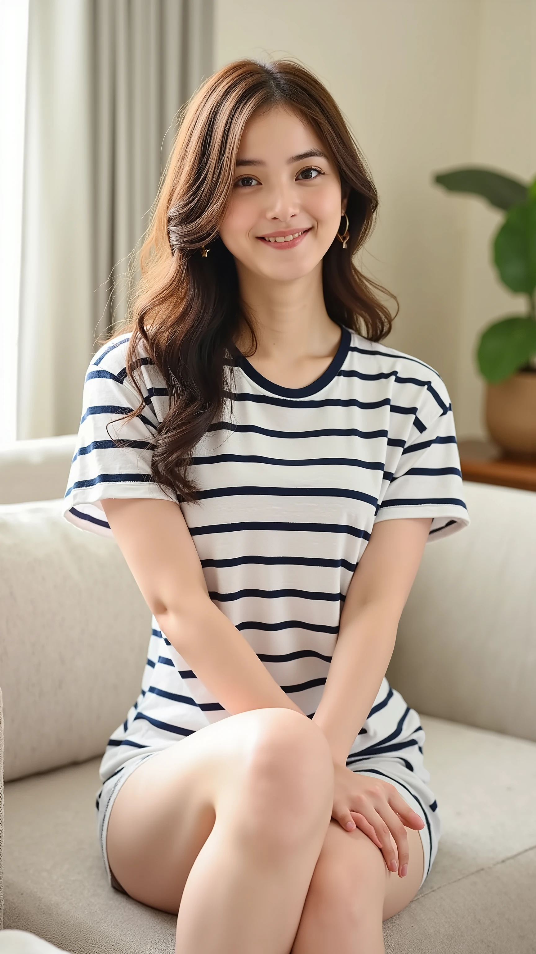Striped T-shirt、 with a visible navel 、huge breasts, naked、sitting holding the knee、smile、sticks out his tongue、Pussy Visible