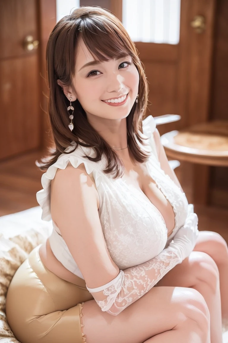 table top, highest quality, High resolution, , perfect pixel, 4K, , 1 girl, single, alone, Beautiful woman、I could see the whole body、Middle wavy hair, bangs, brown hair), brown eyes, beautiful eyelashes, realistic eyes, detailed face, blush:1.2, smooth texture:0.75, realistic texture:0.65, realistic:1.1, Anime CG style)), big breasts、soft chest、dynamic angle, perfect body, ((maid's costume、maid headband、Ruffled apron、no skirt、stockings、wearing an apron without a bra))、kitchen、、、()、Very embarrassing panic smile、((sit on a chair、No bra、Leans forward heavily、、side boob、、))、