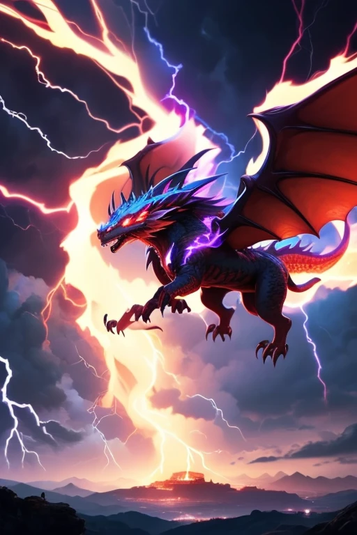 A fierce lightning dragon with glowing blue eyes