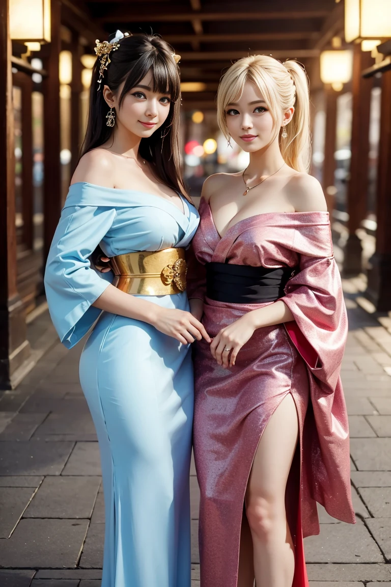 beautiful woman，folk girl，long, blonde hair , blue eyes , braid ,Purple Thai dress,กระโปรงไทยโบราณlong，holding a jasmine garland,countryside，countryside，beautiful scenery，Ayutthaya historical site，smile with teeth，forehead，forehead exposed，big ，rift, ,(2 young women ,beautiful woman),หน้าอกbig,Show your breasts,The cracks are clear....,((หัวนมbig))，(pubic bone), rift, visible chest,seductive pose,