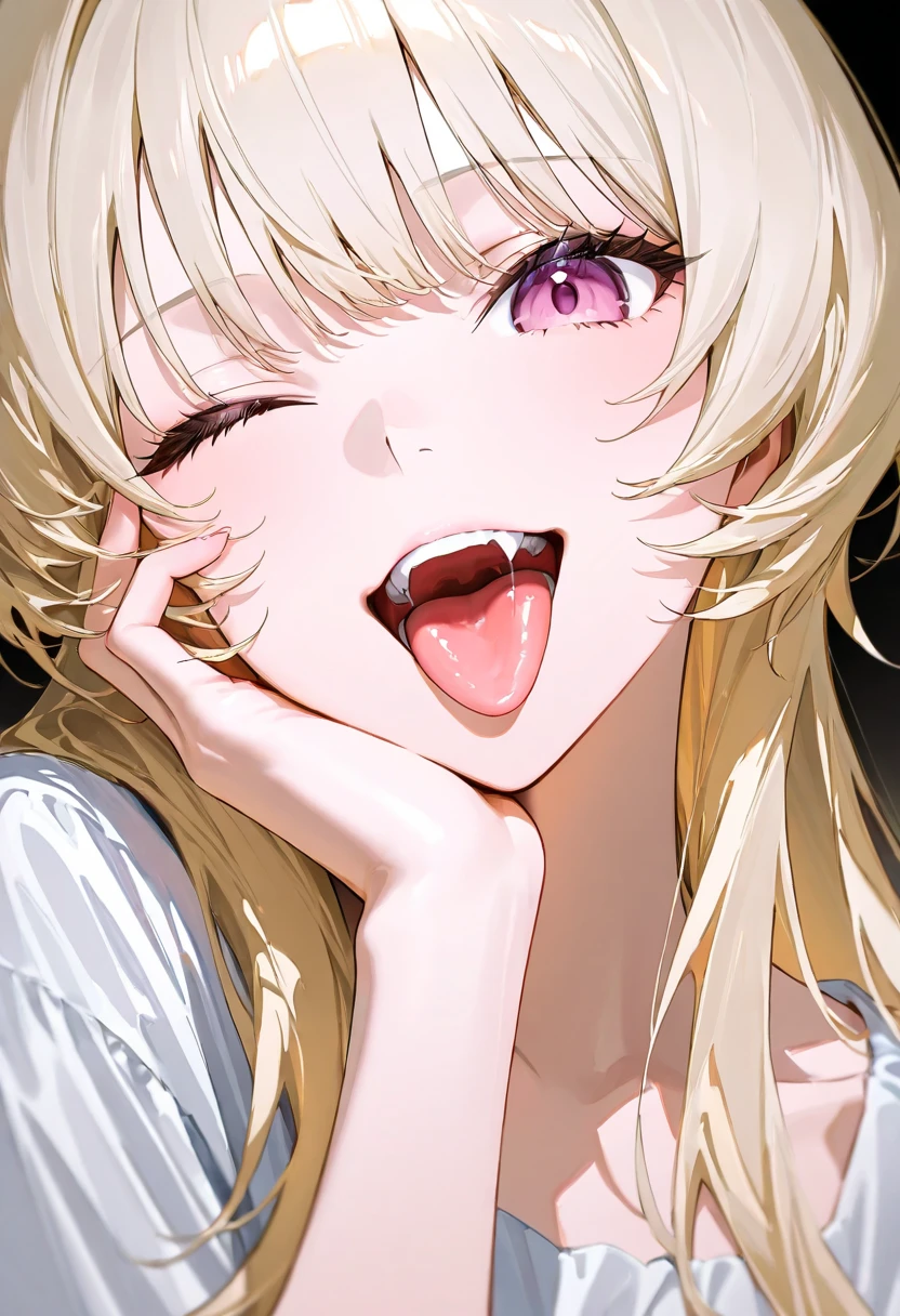 (nsfw),masterpiece,ultra detailed,sharp focus,hyperrealistic, [ 4 k digital art ]!!,(tanned skin gyaru),seductive anime female,mature beautiful face,mature female lying on back,face focus,light brown hair,kissing,drooling,trembling,surprised ,from above,glacing up at viewer