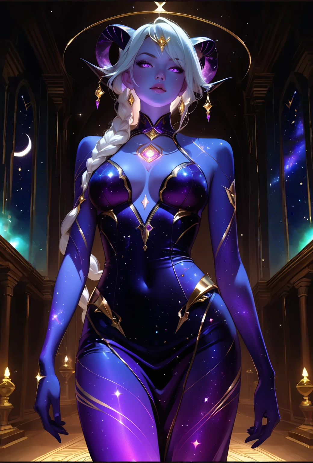 (in Don Bluth style:1.4), (masterpiece:1.2), (A female celestial enchantress with hair that cascades like a waterfall of stars and a dress that shimmers with constellations, attire inspired by the cosmos and the night sky, rendered in a mystical ethereal style with swirling celestial patterns, wearing unique Avant-garde masterpiece attire and headdress:1.1), (lit by the harsh flickering light of a distant lightning storm, set against the backdrop of a derelict space station floating in the void of space:1.1), (upper body portrait from the Waist:1.1), (hyperdetailed:1.1), (intricate details:1.0), (Refined details:1.1), (best quality:1.1), (very stylish detailed modern haircut, mesmerizing detailed radiant face, mesmerizing detailed beautiful eyes:1.2)