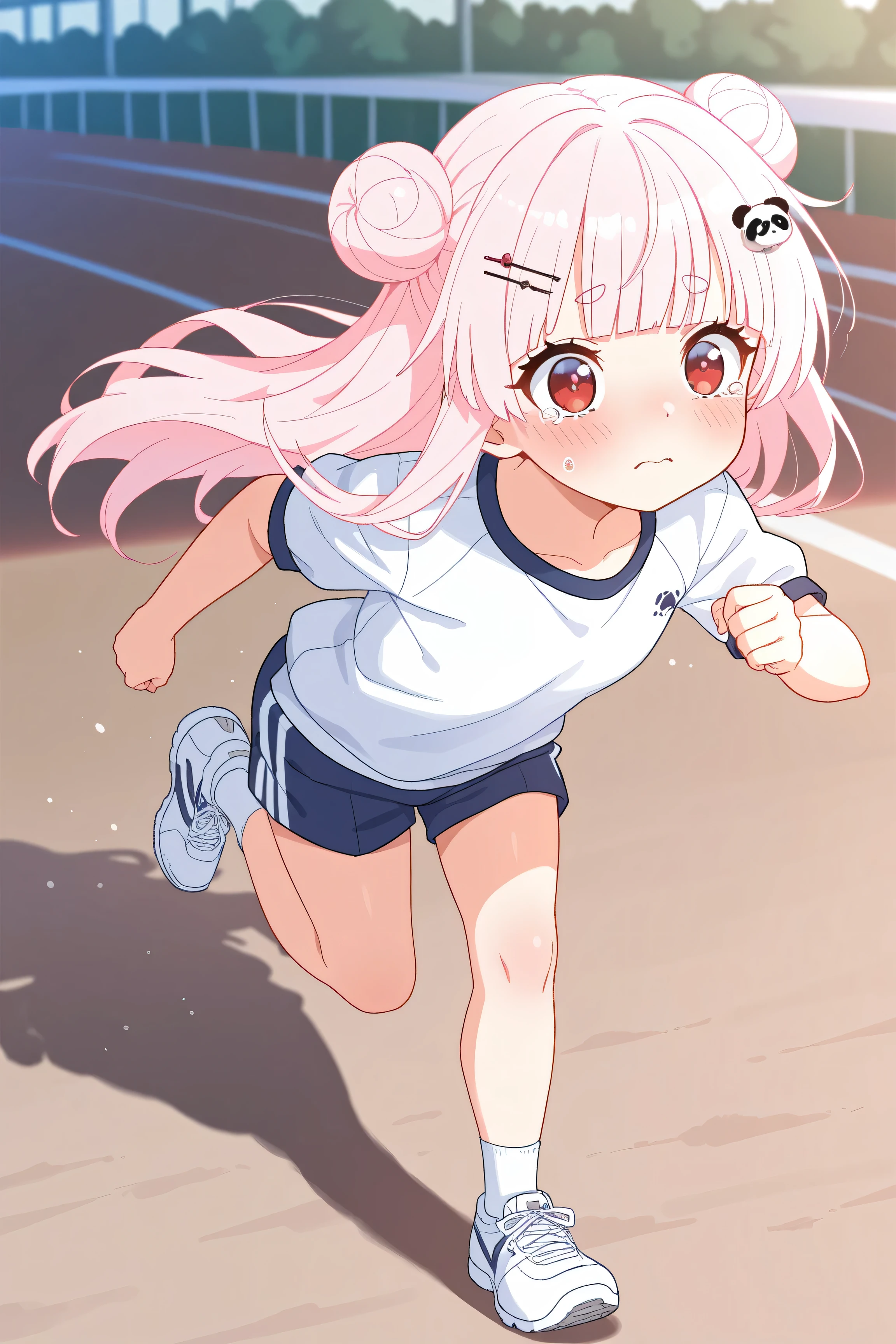 masterpiece, best quality, high resolution,4K, highly detailed, ultra detailed, ((detailed beautiful eyes)), full body, Alone, 1 girl, light pink hair, small double bun hair, half twin hair, long hair, hime cut, thin oval eyebrows, Red Eyes, ((bangs Panda face hairpin)), Sports gym, Running machine, tearful, tired, gym uniform, Sneakers