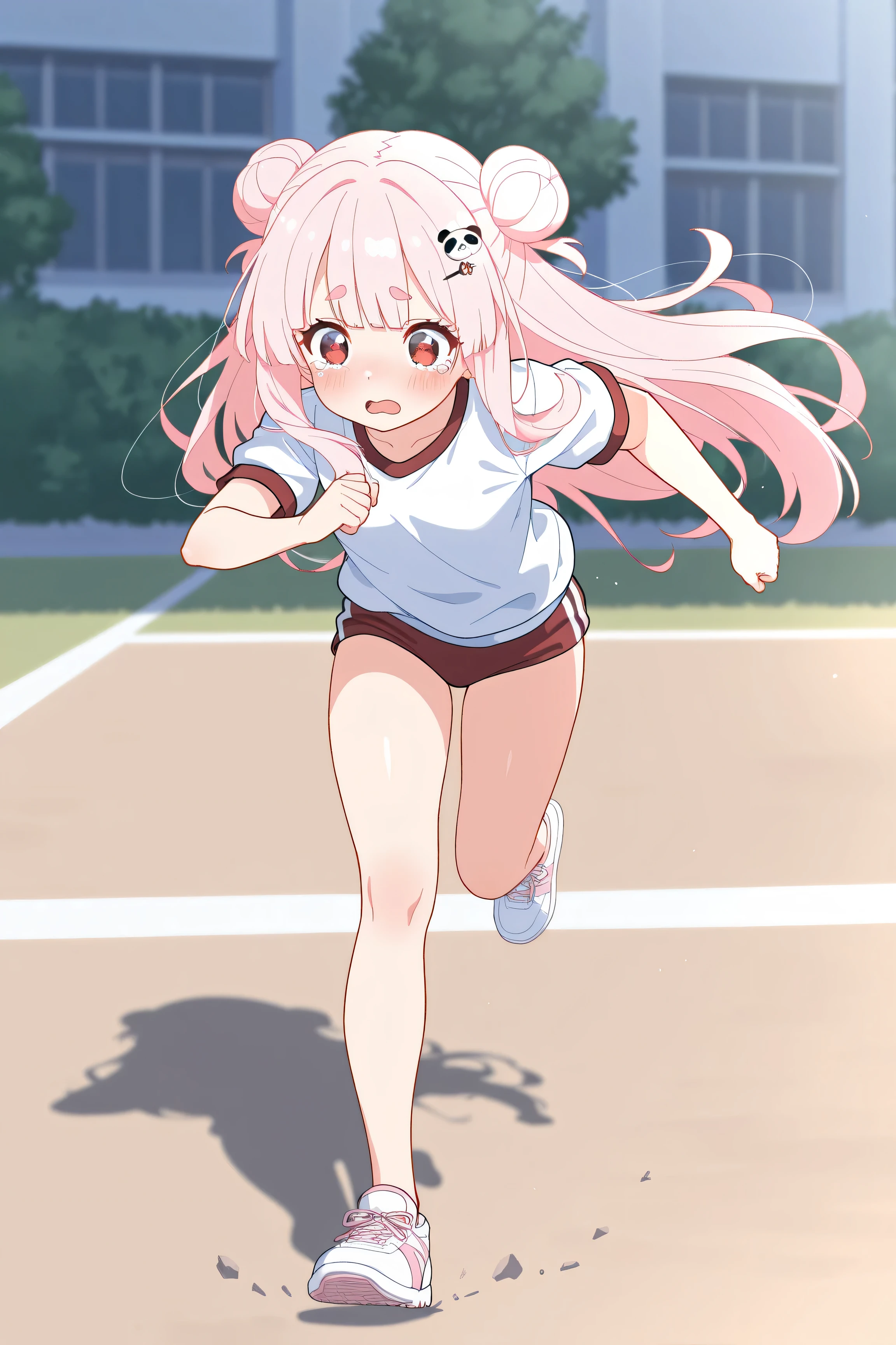 masterpiece, best quality, high resolution,4K, highly detailed, ultra detailed, ((detailed beautiful eyes)), full body, Alone, 1 girl, light pink hair, small double bun hair, half twin hair, long hair, hime cut, thin oval eyebrows, Red Eyes, ((bangs Panda face hairpin)), Sports gym, Running machine, tearful, tired, gym uniform, Sneakers