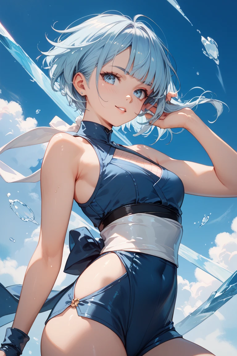 high quality,8K quality,High resolution,(muste piece:1.3), 23 year old woman, (white leotard,choker),(brown skin,short hair:1.2,wet blue hair:1.3,big blue eyes),(Crawling on all fours with both hands,Rear view looking into the distance, dynamic pose:1.4),(Soak in a warm hot spring,steam sと静けさに囲まれて,sweaty, Enjoy hot springs.:1.3), (Photo seen from below:1.4),open-air bath,steam s,background(1 Snow scene,snow mountain:1.2, sunrise:1.3),(Wet clothes stuck to my skin,Nipples visible through clothing,Butt visible through clothes.),small breasts,slender, abs:1.2,(young skinny gravure idol, sophisticated gravure idol),(detailed perfect face),normal hand,normal finger,normal foot,(cameltoe, camel toe,Mansuji)