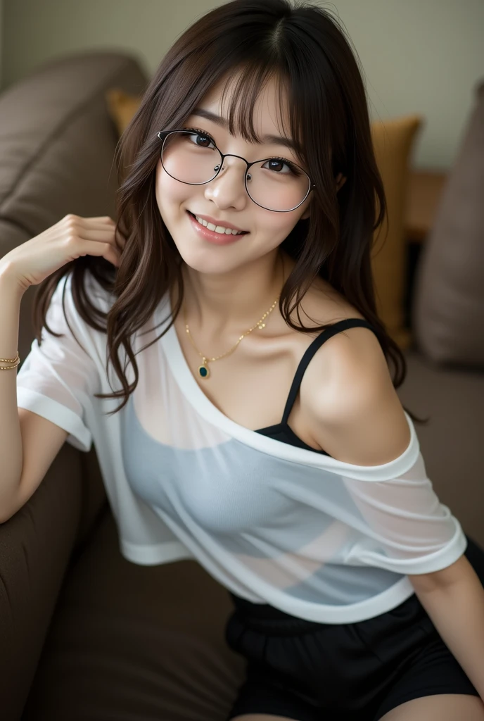 1 girl, 18 years old busty woman, eye glasses, black twintail hair with bangs, light pink blush, sitting on the table, library, white short sleeve blouse with white collar, small waist, denim mini skirt,
thighs, bare legs, perfect fingers,