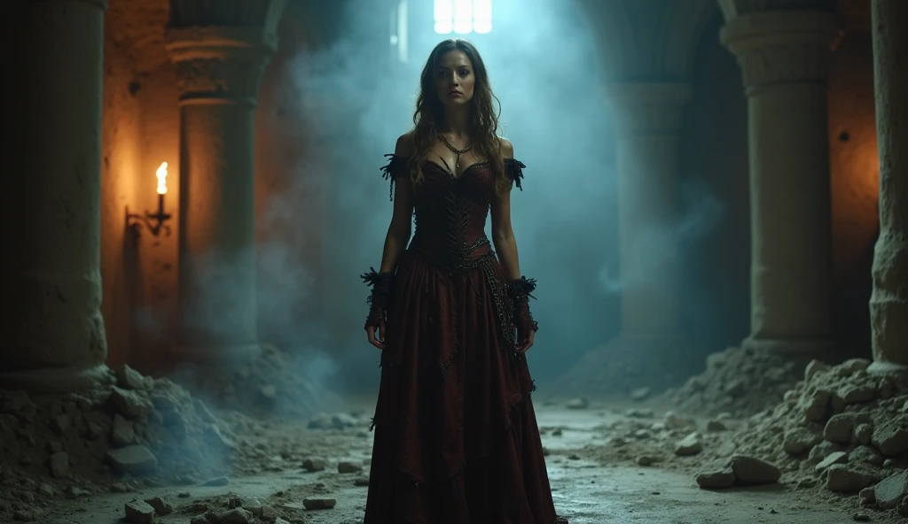 Lady Seraphina d’Aurelis, after her capture, appears markedly different from her usual regal self. Her once elegant gown, a symbol of her noble status, is now torn and tattered, with rich crimson and gold fabric sullied by dirt and blood. The bodice is ripped, exposing parts of her figure, while the frayed skirt hangs unevenly around her legs. Her chestnut brown hair, once carefully styled, is now disheveled and tangled, falling loosely around her face and shoulders, with strands matted with sweat and grime. The jewels that once adorned her hair are gone, lost during her violent capture.
Her hands are bound with heavy iron chains, digging into her wrists and leaving angry red marks on her pale skin. Despite her fear and exhaustion, Seraphina’s expression remains one of defiance, with deep green eyes still holding a spark of resilience. Her lips, set in a determined line, refuse to show the extent of her suffering. Even in this dire state, there is an undeniable aura of dignity about her, a testament to her noble upbringing and inner strength. The background is grim and foreboding, with shadows of her captors looming nearby and the remnants of her fallen city scattered around her. Lady Seraphina, though bound and battered, stands as a figure of tragic beauty, her spirit unbroken despite the chains that bind her.