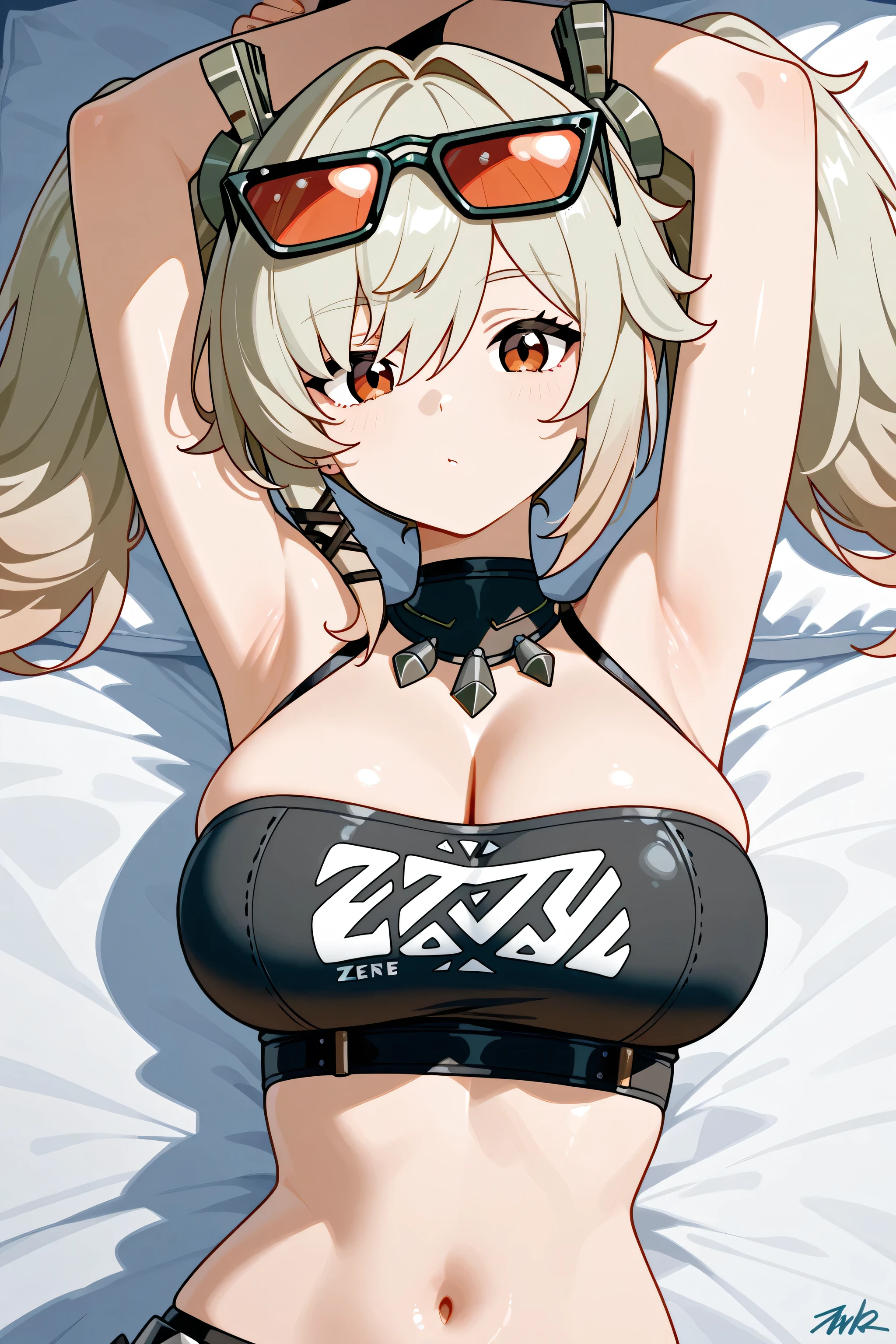 Zenless zone zero Burnice,lying on bed,curious expression,raised her arms up,her signature sunglasses is on her head,wears her signature black strapless tank top,pigtails hair