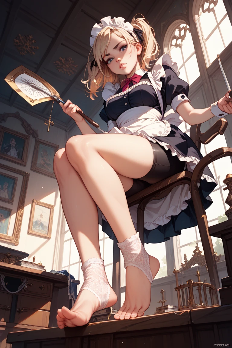 A Female robot is sleeping in the book, spread legs, nude, banzai pose. she wears no dress. She Brown short hair is tied with two big red clothespins, She lifts up the under hem of her white plain dress, leaning over, masterpiece, very short pigtails,brown hair, mature, android, blue eyes, full body figure, Height: 160cm, flushed cheeks, 2020s anime picture, A beautiful robot with short brown hair in two short pigtails held up by two very large huge red clothespins, Uplifting, No NSFW, whole body, barefoot, archaic smile, getting orgasm, 25 years old, sweat bucket.
