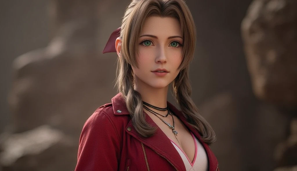 a close up of a person with a backpack and a backpack, Aerith Gainsborough, artegerm ; motor 3d irreal, realistic art style, photorealistic art style, 8k portrait rendering, linda Aerith Gainsborough, highly detailed character, unreal engine character art, April rendering, CG game, Realistic 3d character, irreal 5. rpg portrait