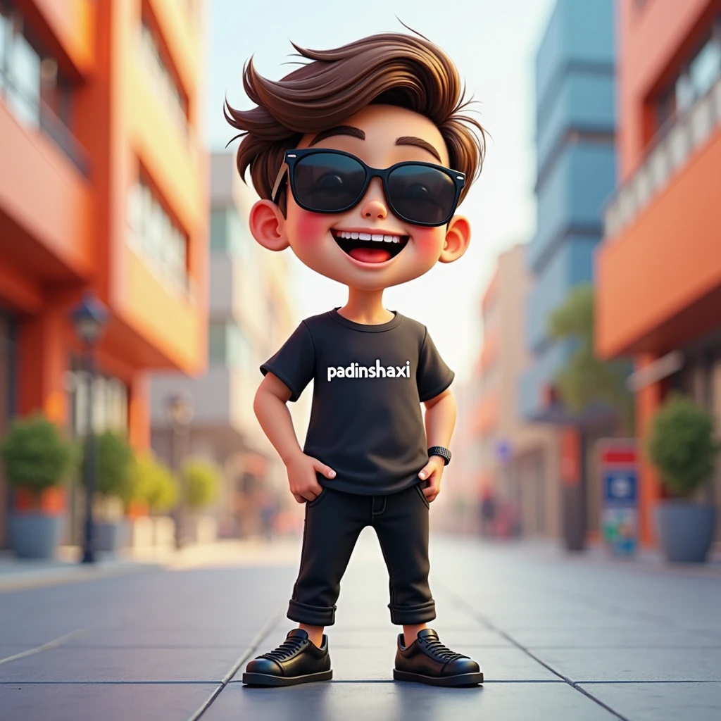 a male asian Fashion designer boss, 48-years-old, huge head, short spiky haircut，smile with very deep dimples，fit, clean shave, Highly detailed face, wearing Black Square Myopia Glasses, Wear black T-shirt and dark blue jeans and black running shoes, best quality, 3d cartoon，full body view, fantasy, dreamlike, surrealism, super cute, trending on artstation