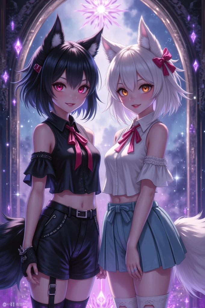 two girls one fox girl with white hair color one human girl white hair coloration looking at each other intensely,, two character, intense, full body, various hair colours, beautiful faces, dark evening, killing, fighting, bloodshed, fantasy, nice hands, perfect hands, mysterious setting, outdoor, alluring eyes, nice eyes, highres, 4k, (best quality, masterpiece:1.2), ultra-detailed, perfect illustration, blood splash, jewellery, perfect eyes, sharp, epic, highly detailed, choker, perfect face ratio, perfect face anatomy, big breasts, wide hips, perfect legs, alluring eyes