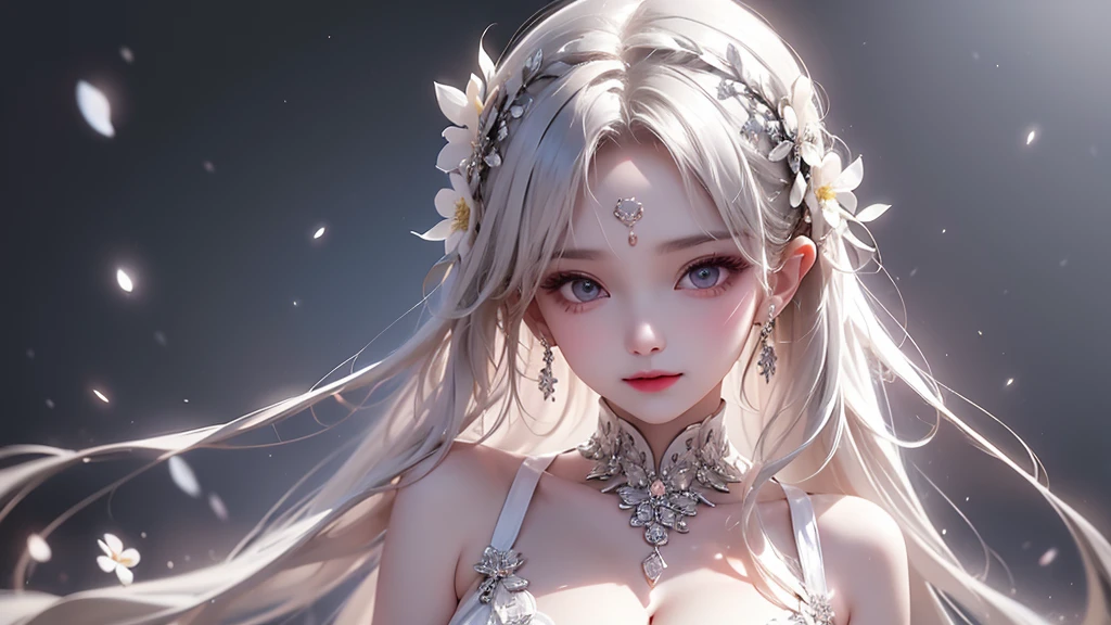 (Surreal), (gray hair long curly hair),  (((Super figure)), (Colossal tits), (huge titusty boog asig ), ((Obscenity exposed))), (Detailed description of the hair), (Detailed description of the face), (Ontology detailed description), (Fair and translucent skin), incomparable beauty, (Ultimate beauty), long leges, (lace underwear big breasts), (a necklace), (Gem earring), ((Stockingeauty spot, (King Zheng&#39;s sister&#39;sobedlip)、stick out buttocks、(shy title)、(energetic smile)、face to the viewer、((royal chamber of commerce))、