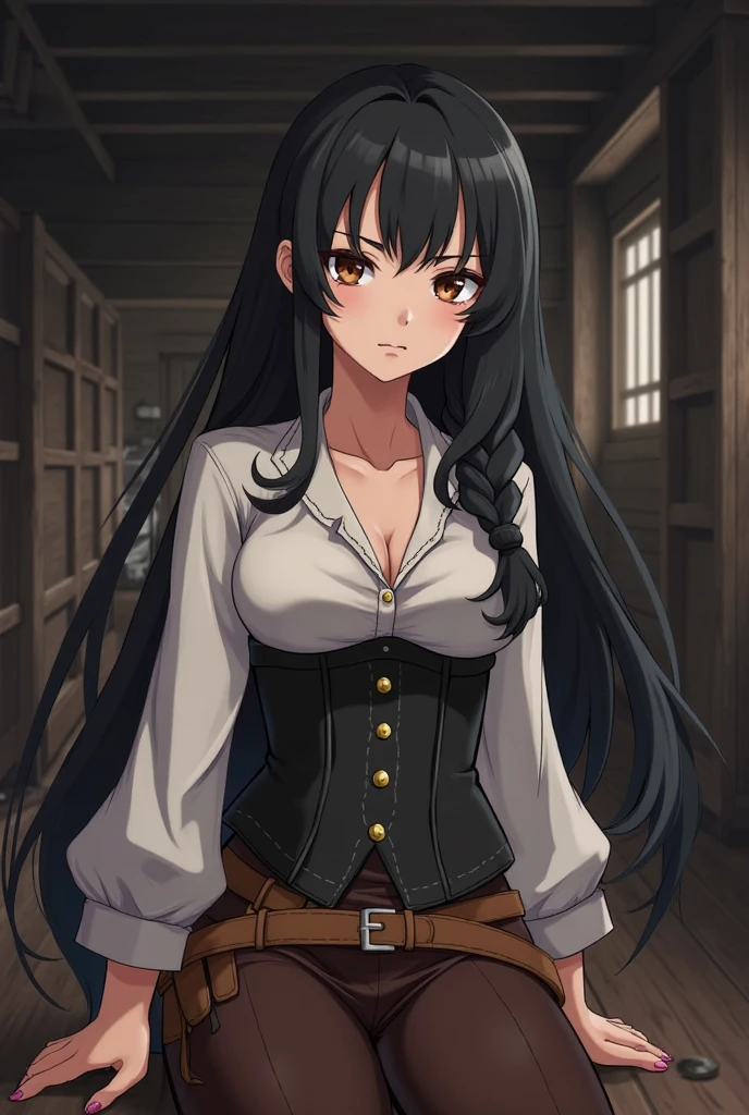 masterpiece, best quality, 1girl,black hair,long hair,jacket,open jacket,white tanktop,cleavage,white skirt, , ,big breasts,confident,standing,looking at viewer,