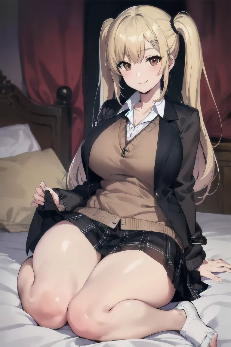 Huge breasts, high school girl, miniskirt, no panties, squatting with legs spread, blazer uniform, long hair, blonde, piercing, shirt that looks like it's about to burst, school bag on the back, white knee-high socks, loafers, river bank, before sunset, love juice dripping from behind, grinning, embarrassed, front, leaning forward