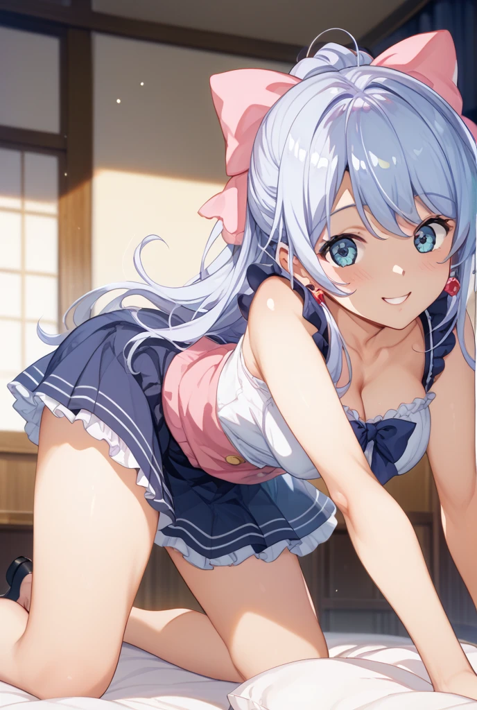 オレンジ色のブラが透けた白無地のTshirt、Plain white with the bra highlightedTshirt、You can see the chest from the neck、Ultramarine and white striped mini skirt、When you lift up her skirt you can see her cute white frilly underwear.、barefoot、library、Three girls of different heights Magical girl with magic wand