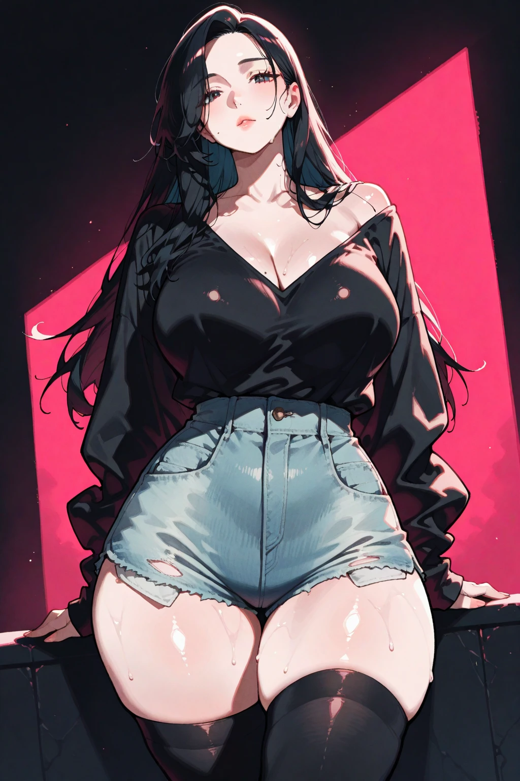 top-quality、Top image quality、masterpiece、age girl((White shirt、Long black trousers、18year old、 Ager、Best Bust、big bast,Black eyes, Black hair、A slender,Large valleys、red lipstick makeup on eyelids、Cute earrings、銀の腕時計、sexypose、Bring your chest together、Stylish shoulder bag、Red mesh、Leaning forward)),hiquality、Beautiful Art、Background with((white wall for photography、Multiple cameras、Shooting range))masterpiece、depth of fields,Cinematic style